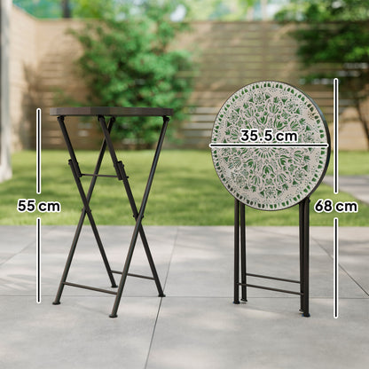 Mosaic Outdoor Garden Table, 35.5cm Round Folding Coffee Table with Metal Frame for Balcony Terrace, Green