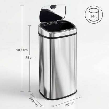 68L Automatic Sensor Bin, Touchless Stainless Steel Kitchen Rubbish Bin, Hands-Free Infrared Waste Dustbin
