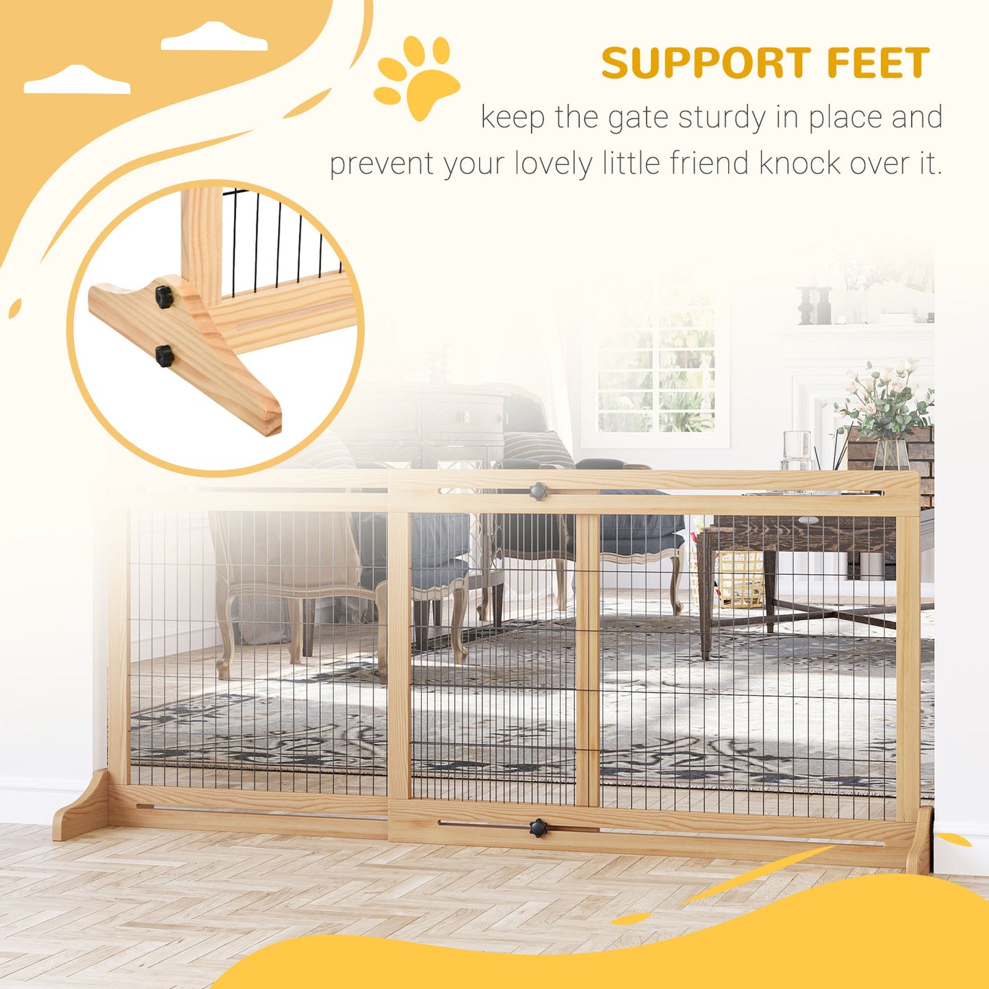 Freestanding Dog Gate, Foldable Pet Fence, Indoor Wood Barrier, Stair Gate with Support Feet, for Doorway, Hallway