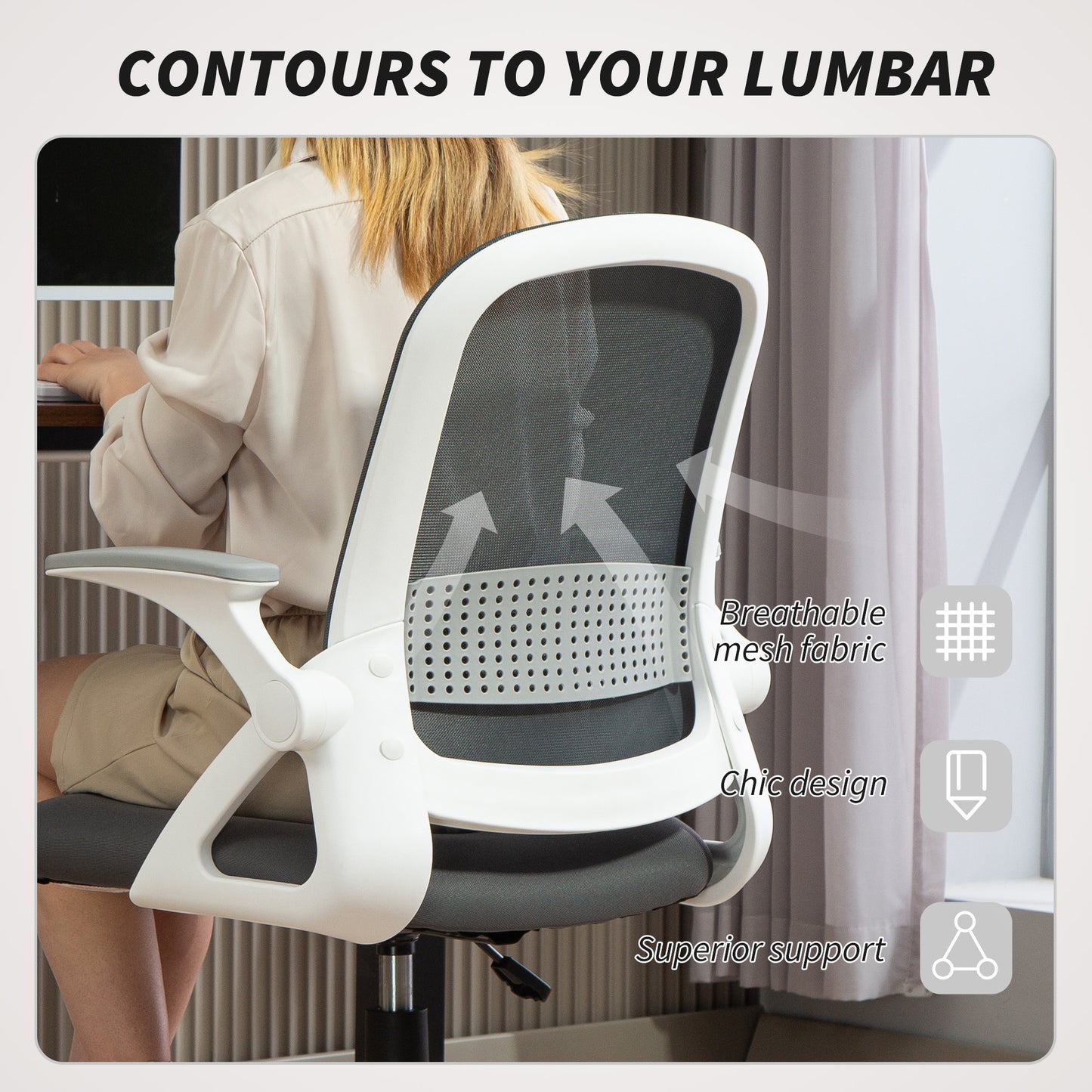Breathable Mesh Office Chair, Ergonomic Swivel Computer Chair with Flip-up Armrests, Lumbar Back Support for Home/Office