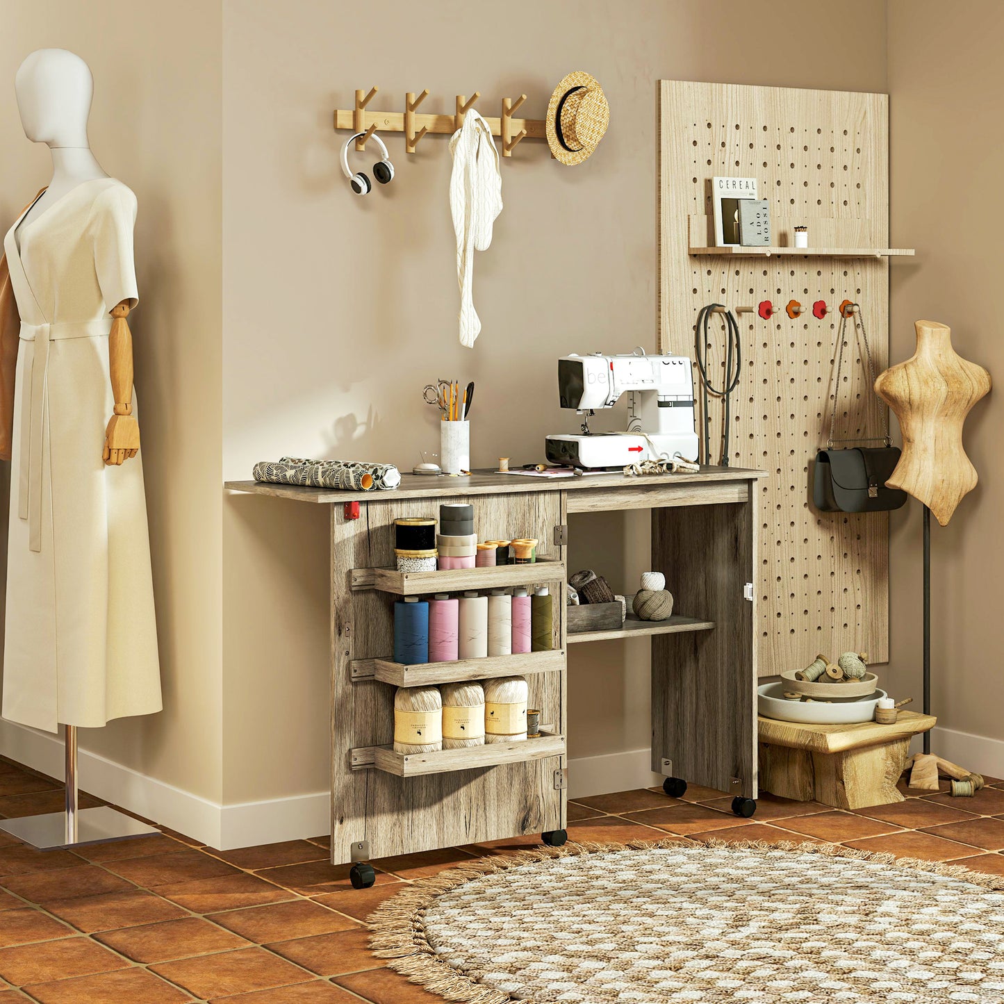 Folding Sewing Table, Drop Leaf Craft Table with Storage Bins, Open Shelf and Wheels