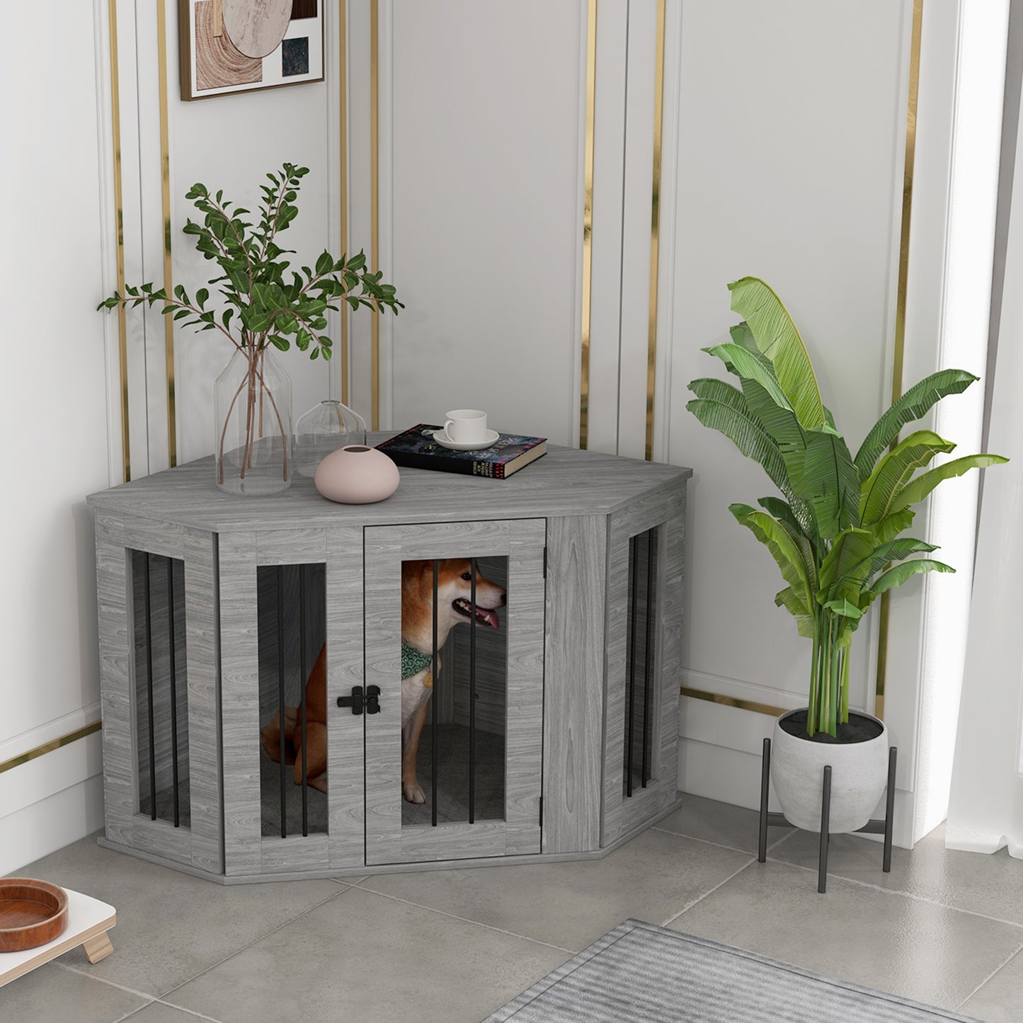 2 in 1 Dog Crate Furniture Side Table with Cushion for Medium Dogs, 104 x 55 x 63cm - Grey