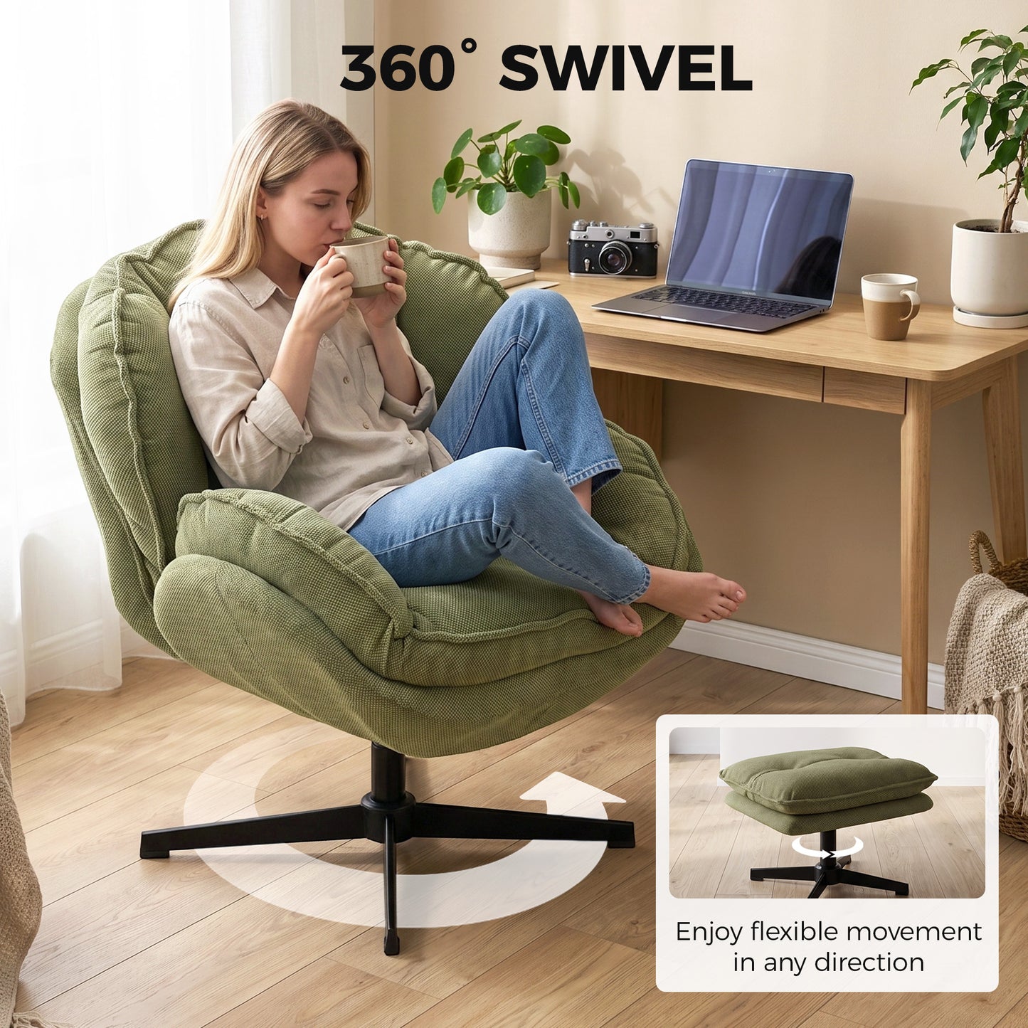 Armchair with Adjustable Footstool, 360° Swivel Chenille Cloud Accent Chair with Thick Cushion, Steel Base, Green