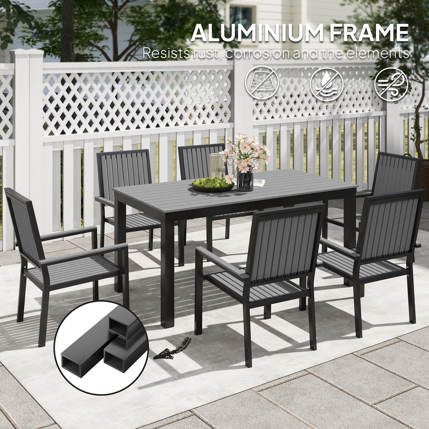 6 Seater Garden Dining Set with Stackable Chairs, Aluminium Frame, Rectangular Plastic Top, Garden Furniture Set