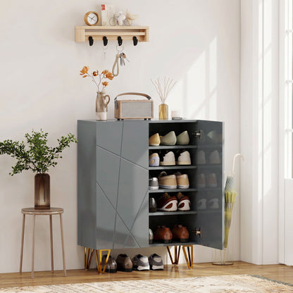 Narrow Shoe Storage Cabinet with Soft-Close Hinges and Adjustable Shelves for 15-20 Pairs of Shoes, Grey