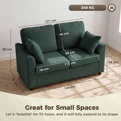 2 Seater Sofa, Corduroy Small Couch with Spring Cushion, Wide and Deep Seat, Dark Green
