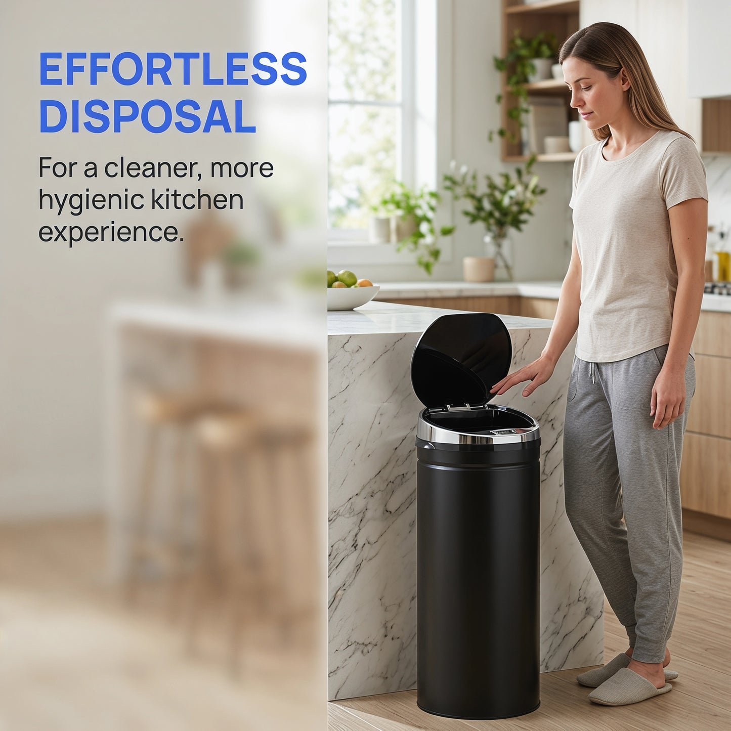50L Automatic Motion Sensor Rubbish Bin with Fingerprint Resistant, Stainless Steel, Black