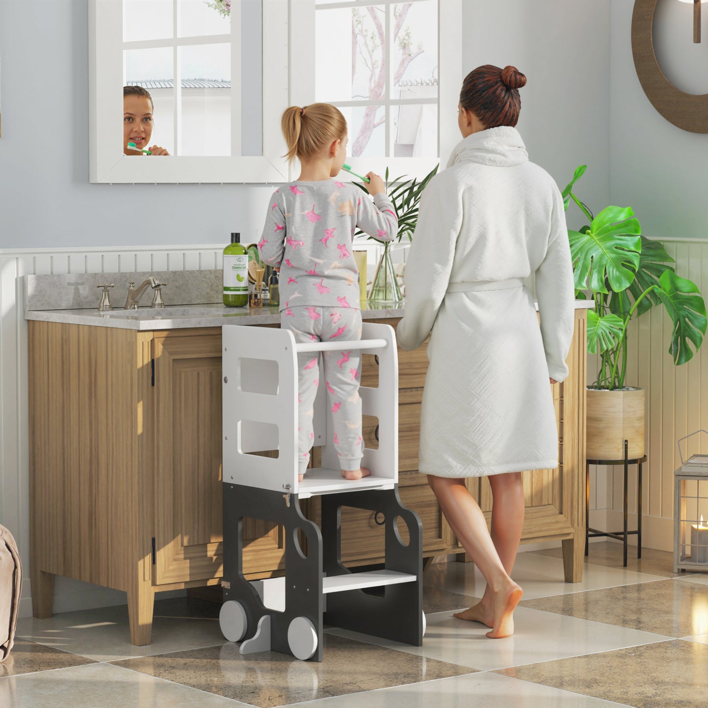 Toddler Step Stool, 4 in 1 Standing Tower, Foldable Toddler Step with Safety Rail, for Kitchen, Bathroom, Grey