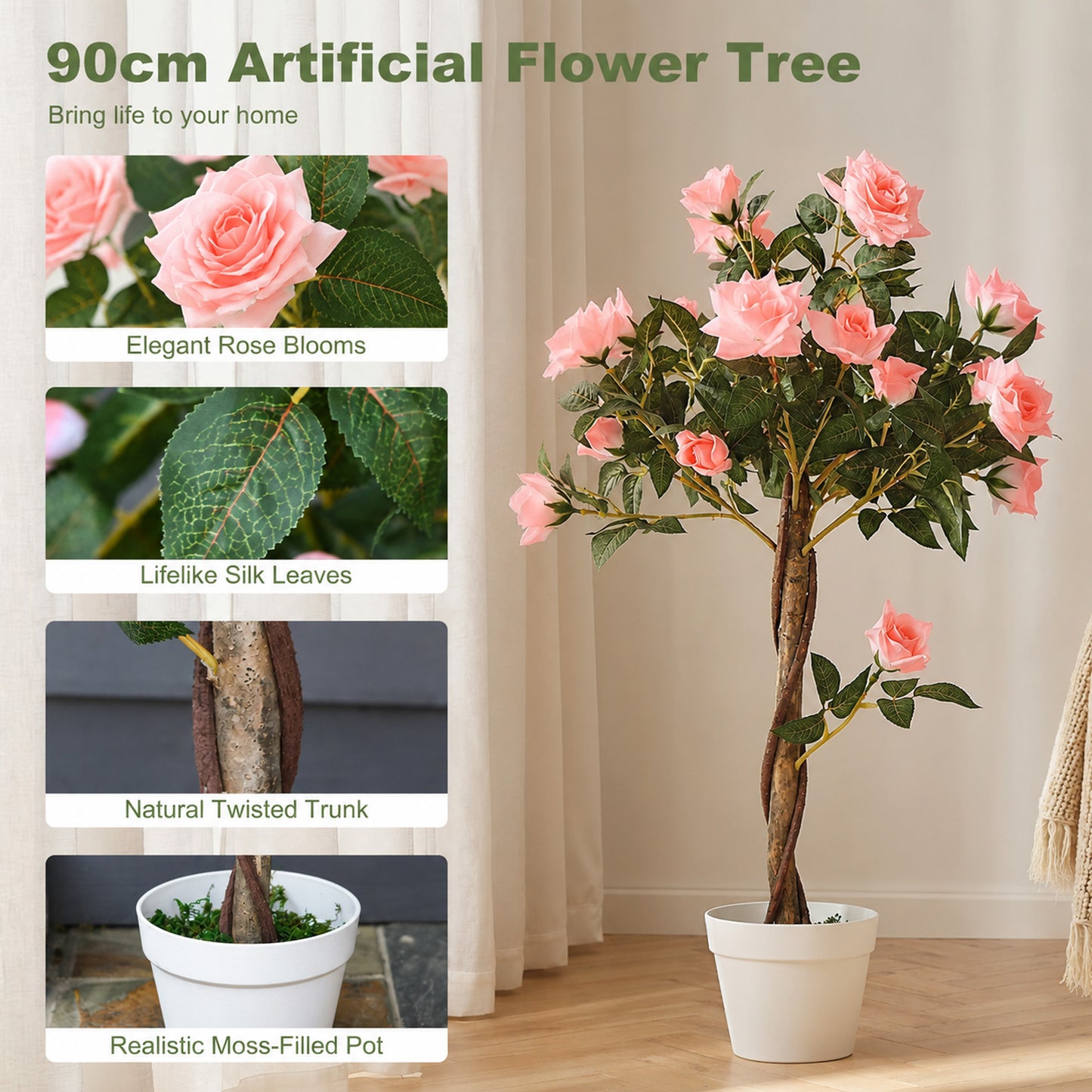 Artificial Plants Pink Rose Floral in Pot, Fake Plants for Home Indoor Decor, 90cm