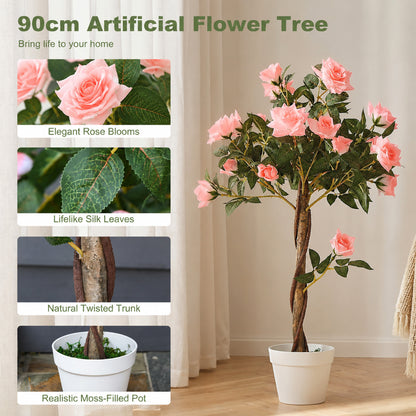 Artificial Plants Pink Rose Floral in Pot, Fake Plants for Home Indoor Decor, 90cm