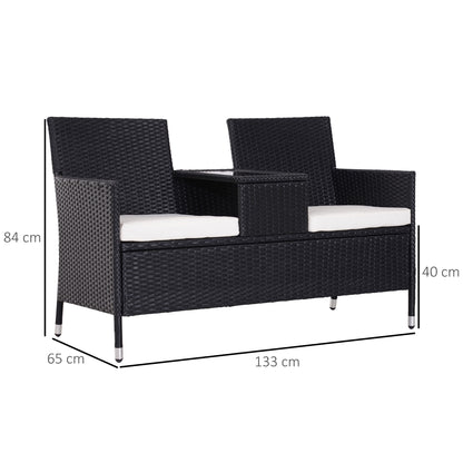 2-Seater Rattan Chair Set W/Middle Tea Table-Black