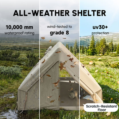 Inflatable Camping Tent, 4 Season Hot Tent 10000mm Waterproof with Chimney Opening, Sky Light and Air Pump, Khaki