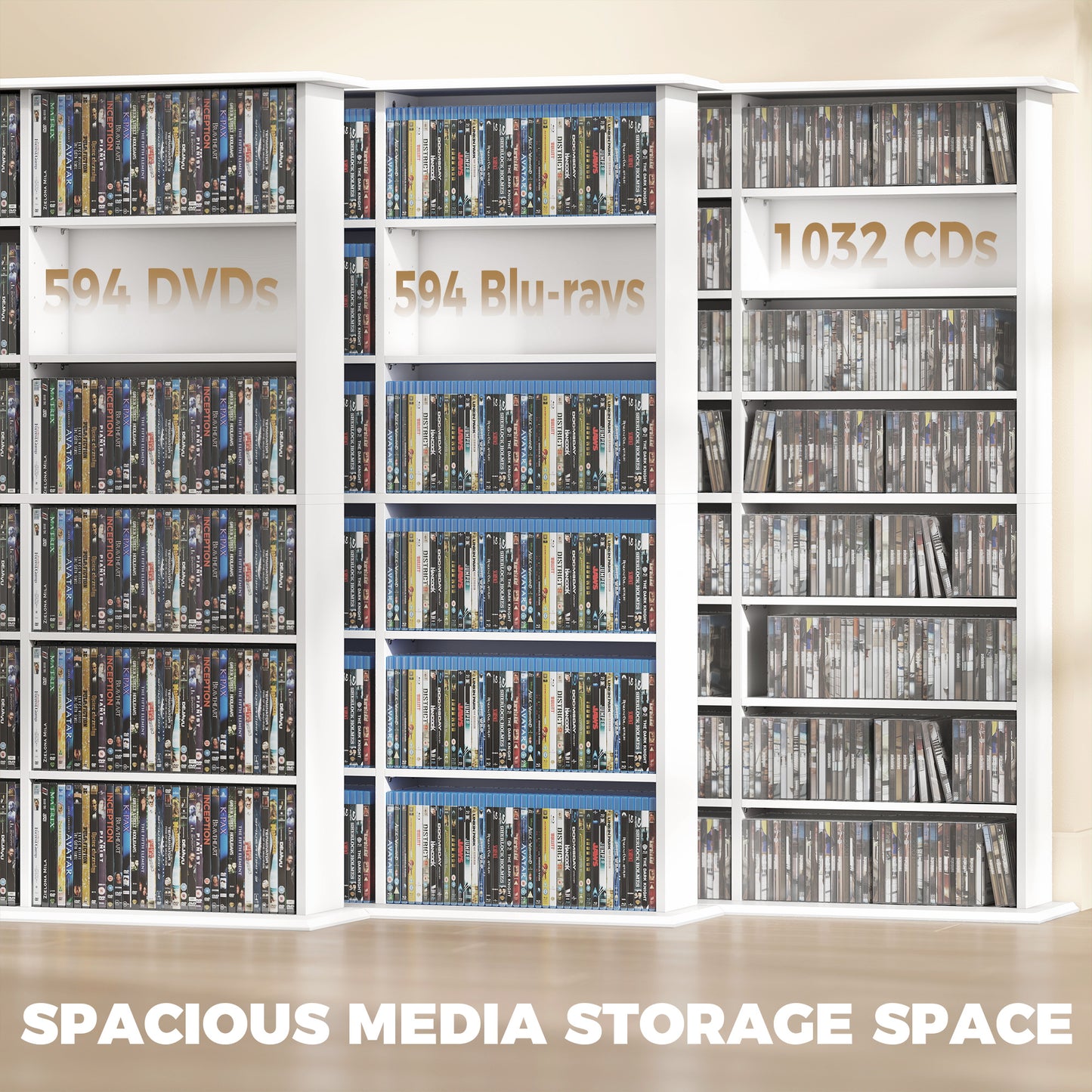 1032 CD/594 DVD Storage Unit, Blu-ray Media Storage Shelf with 24 Compartments and 18 Adjustable Shelves, White