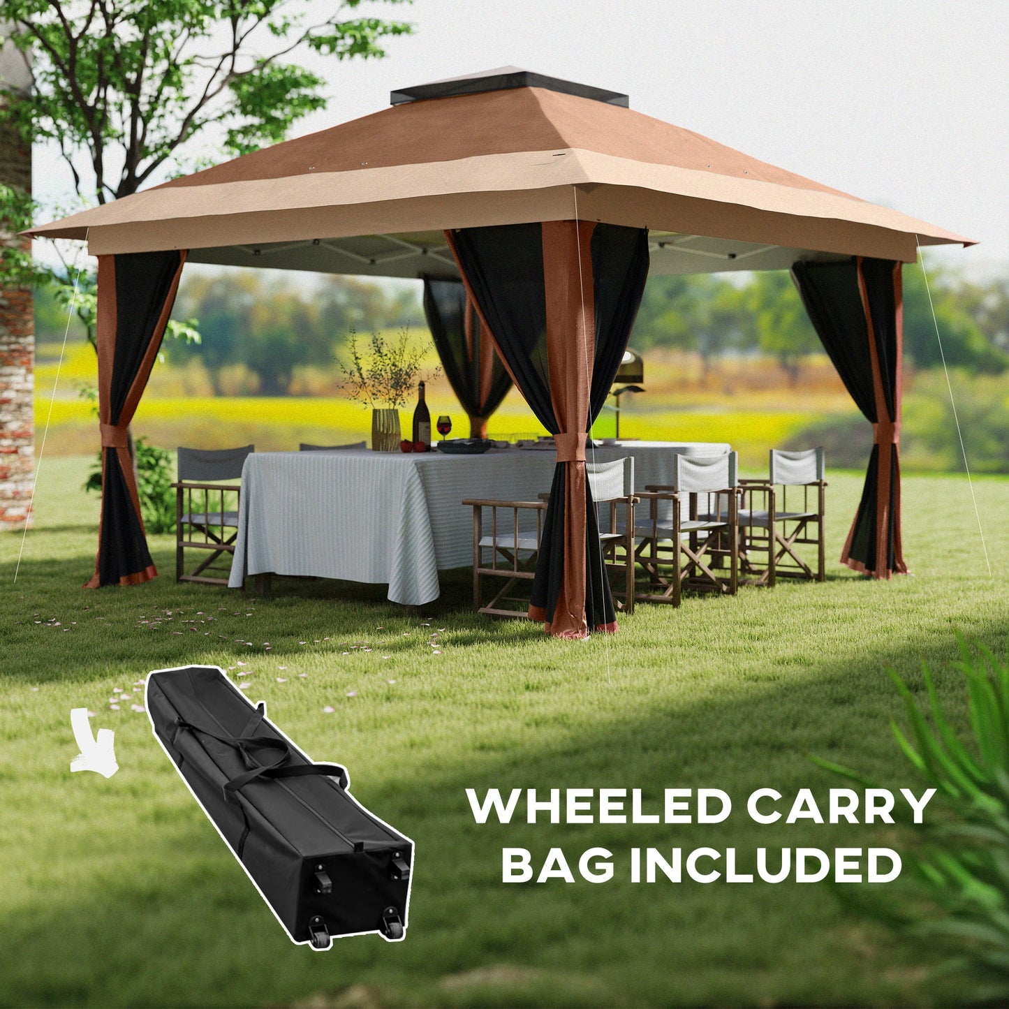 3.6 x 3.6m Pop-Up Gazebo, with Accessories - Brown
