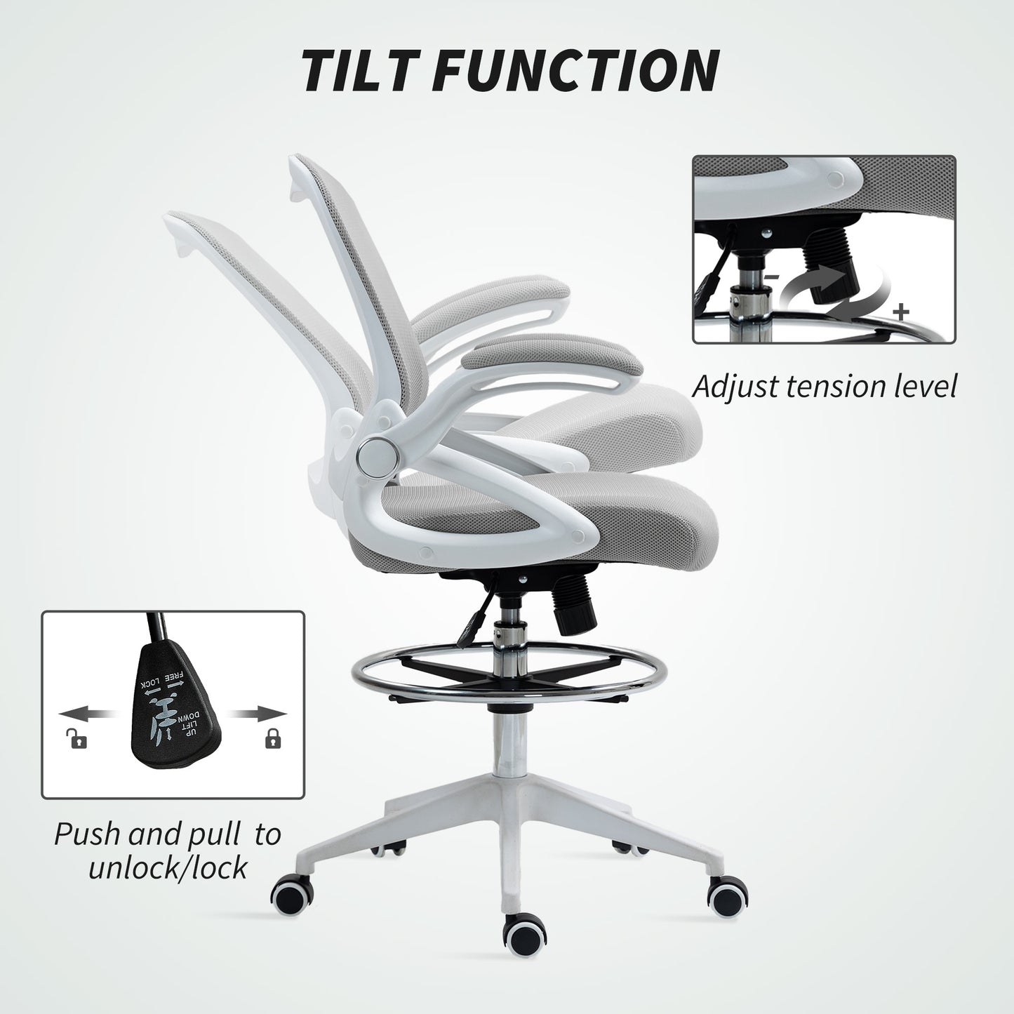 Drafting Chair with Flip-up Armrest, Mesh Office Stool with Foot Ring