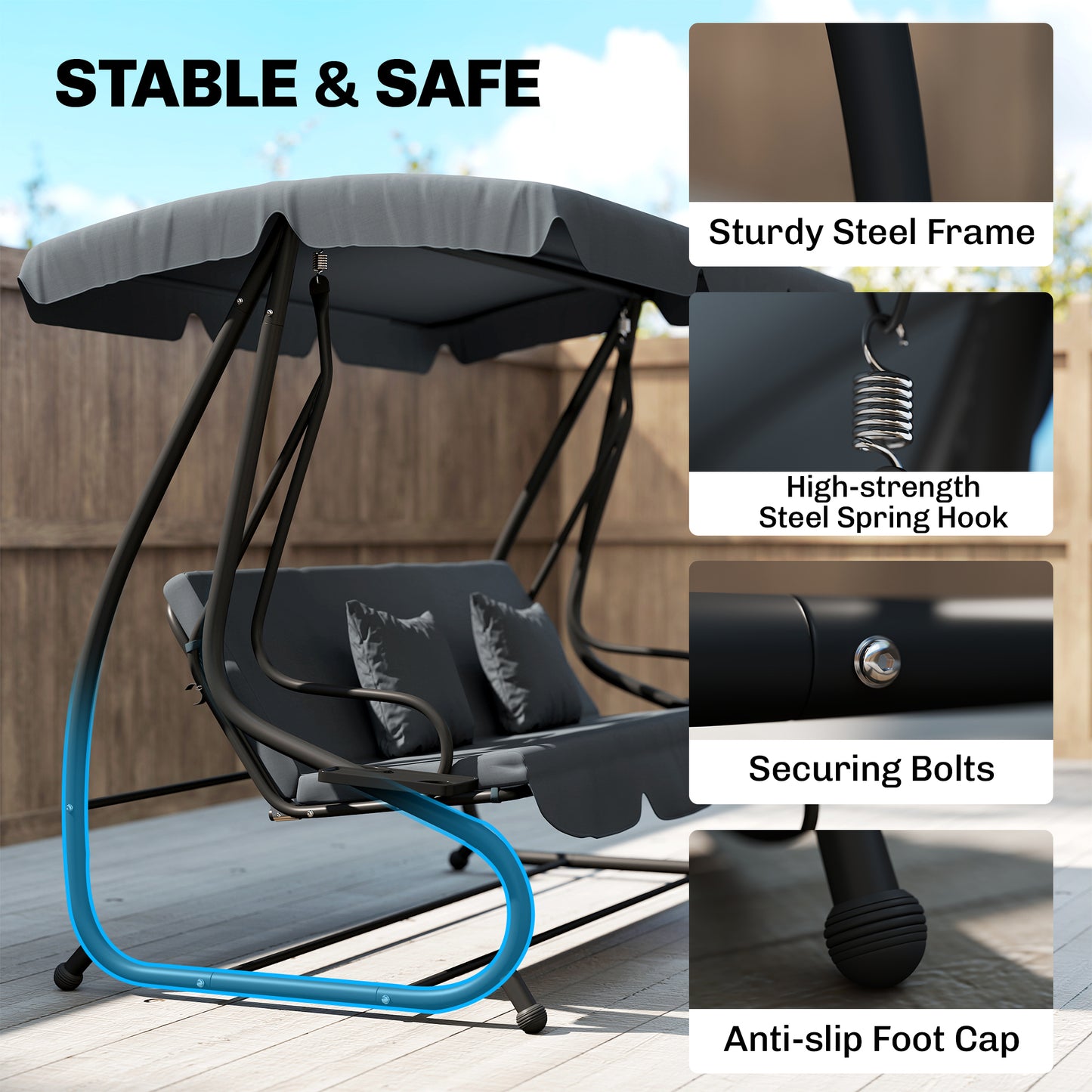 Three-Person garden Swing Chair, with Adjustable Canopy - Dark Grey