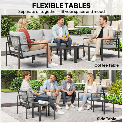 5 Piece Metal Garden Furniture Sofa Set with Thickened Cushions, Loveseat, 2 Armchairs, 2 Coffee Tables, Light Grey