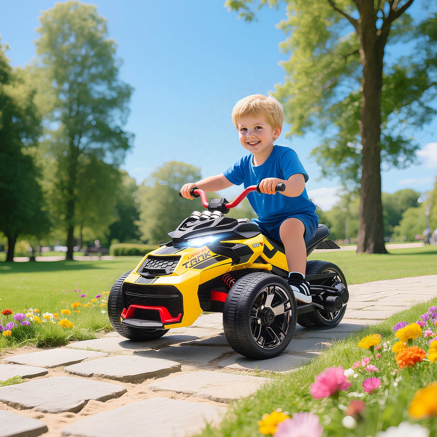 12V Kids Electric Ride On Car with 3 Wheeler, MP3 Player, Horn, 2 Speeds, LED Lights for Boys & Girls Ages 3-8, Yellow