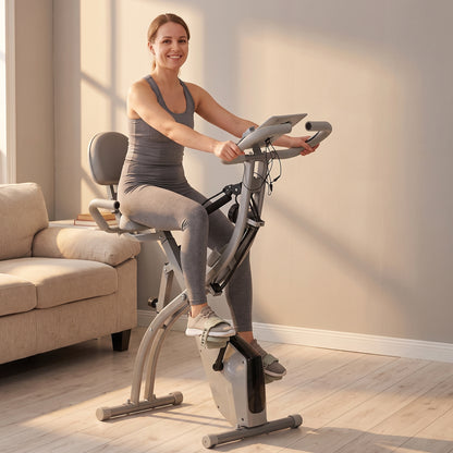 2-in-1 Folding Exercise Bike with 8-Level Magnetic Resistance, Arm Resistance Band, Pulse Sensor, Grey