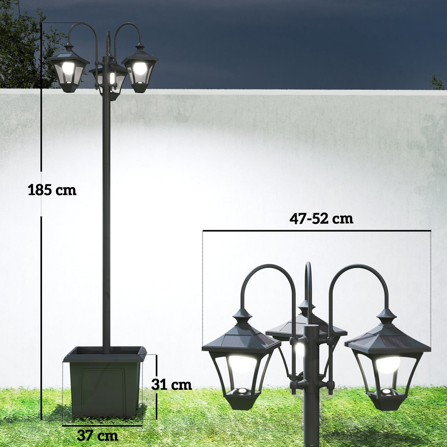 Solar Lamp Post with Dusk-to-Dawn Sensor Street Light with 3-Head Planter 185 cm Black