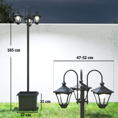 Solar Lamp Post with Dusk-to-Dawn Sensor Street Light with 3-Head Planter 185 cm Black