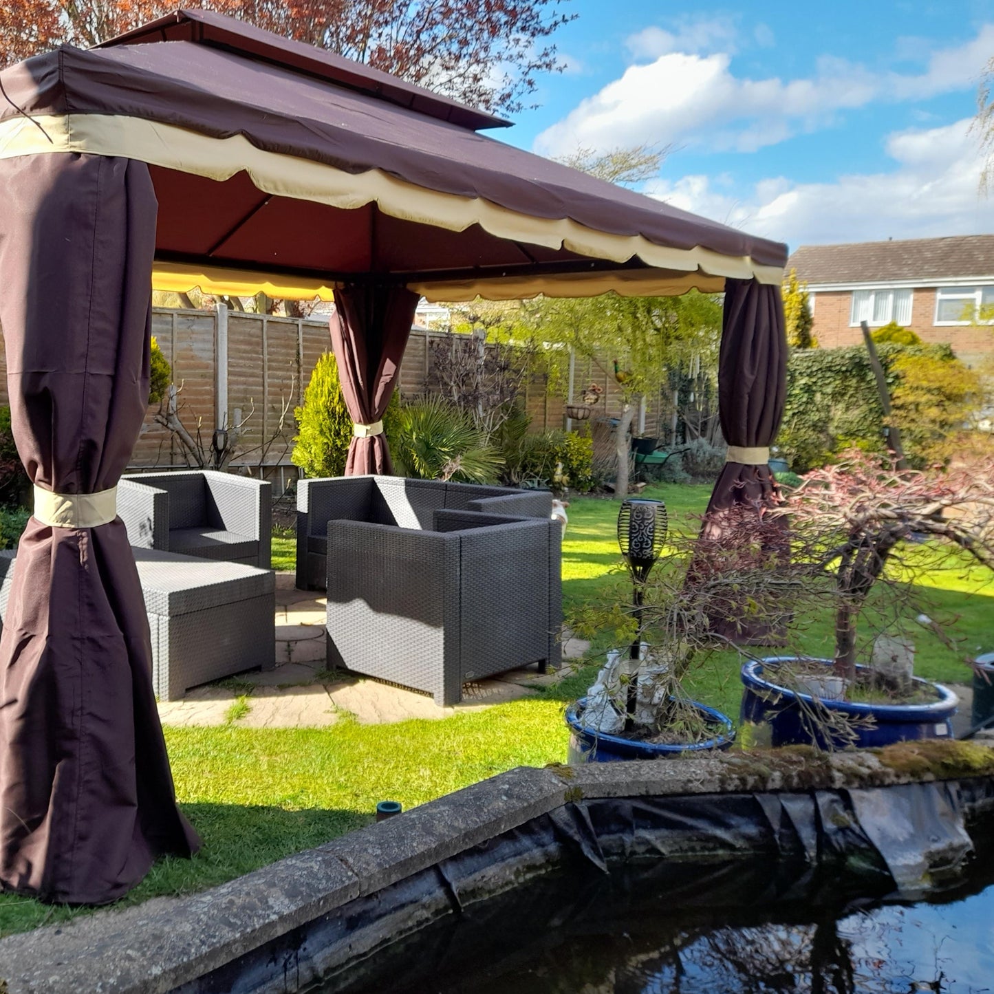 3 x 4m Aluminium Garden Gazebo, Marquee Canopy Shelter Pavilion Party Tent with Nets and Curtains for Garden and Deck, Coffee