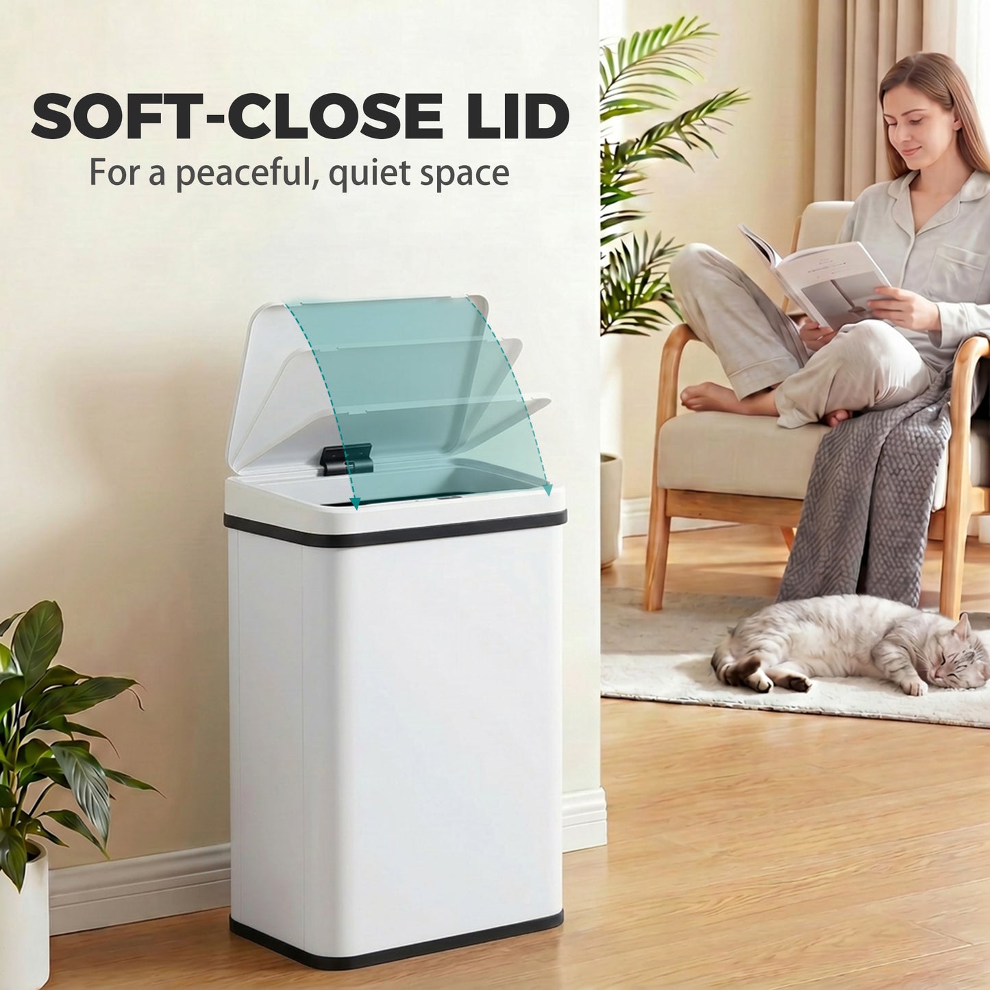 40L Sensor Bin with Soft-Close Lid, Stainless Steel Automatic Touchless Motion Sensor Kitchen Bin, White