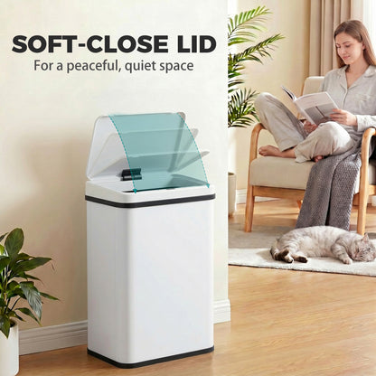 40L Sensor Bin with Soft-Close Lid, Stainless Steel Automatic Touchless Motion Sensor Kitchen Bin, White