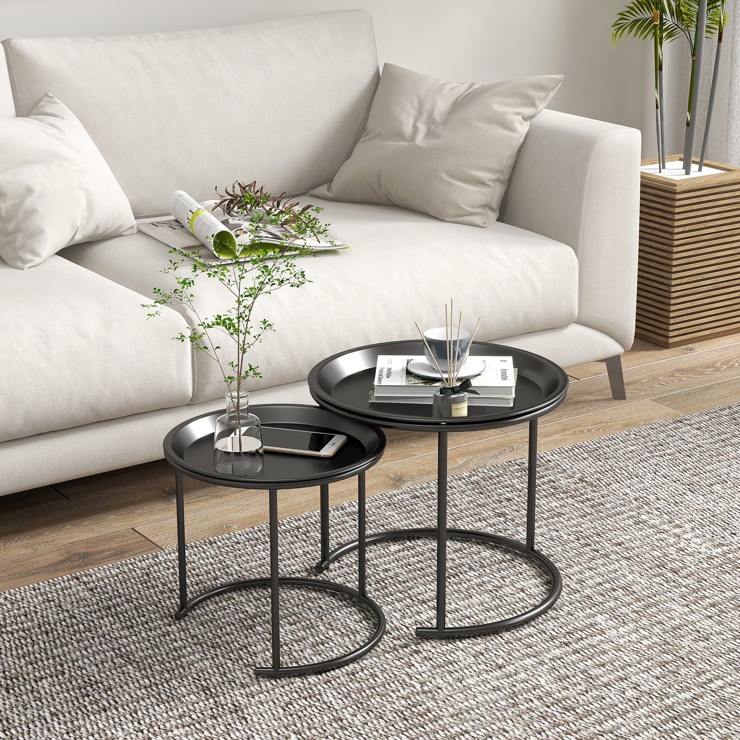 Nesting Tables Set of 2, Side End Table with Removable Tabletop Tray and Steel Frame for Living Room, Bedroom, Black