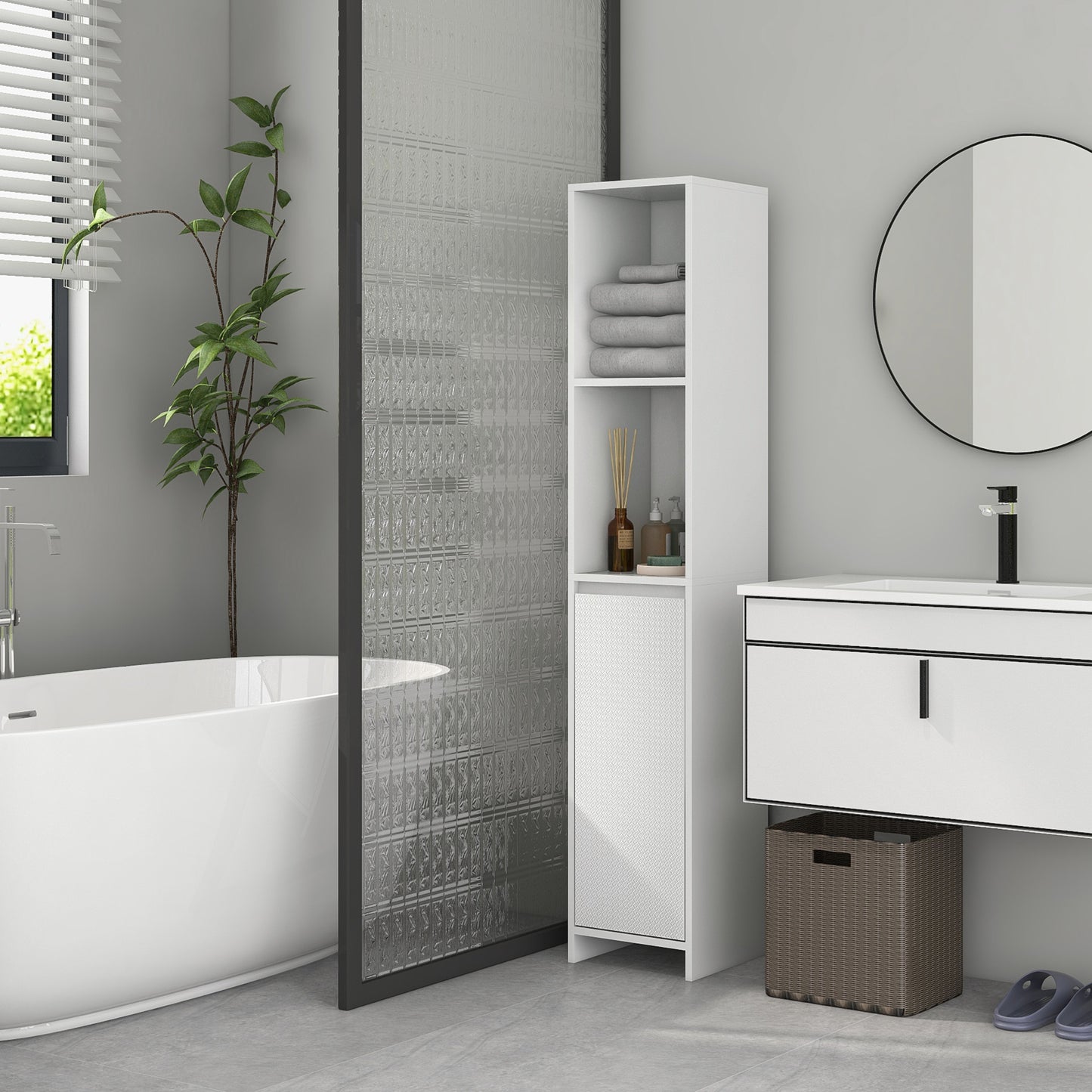 Narrow Bathroom Cabinet, Slim Bathroom Storage Unit with Open Compartment, Freestanding Storage Cupboard for Small Spaces
