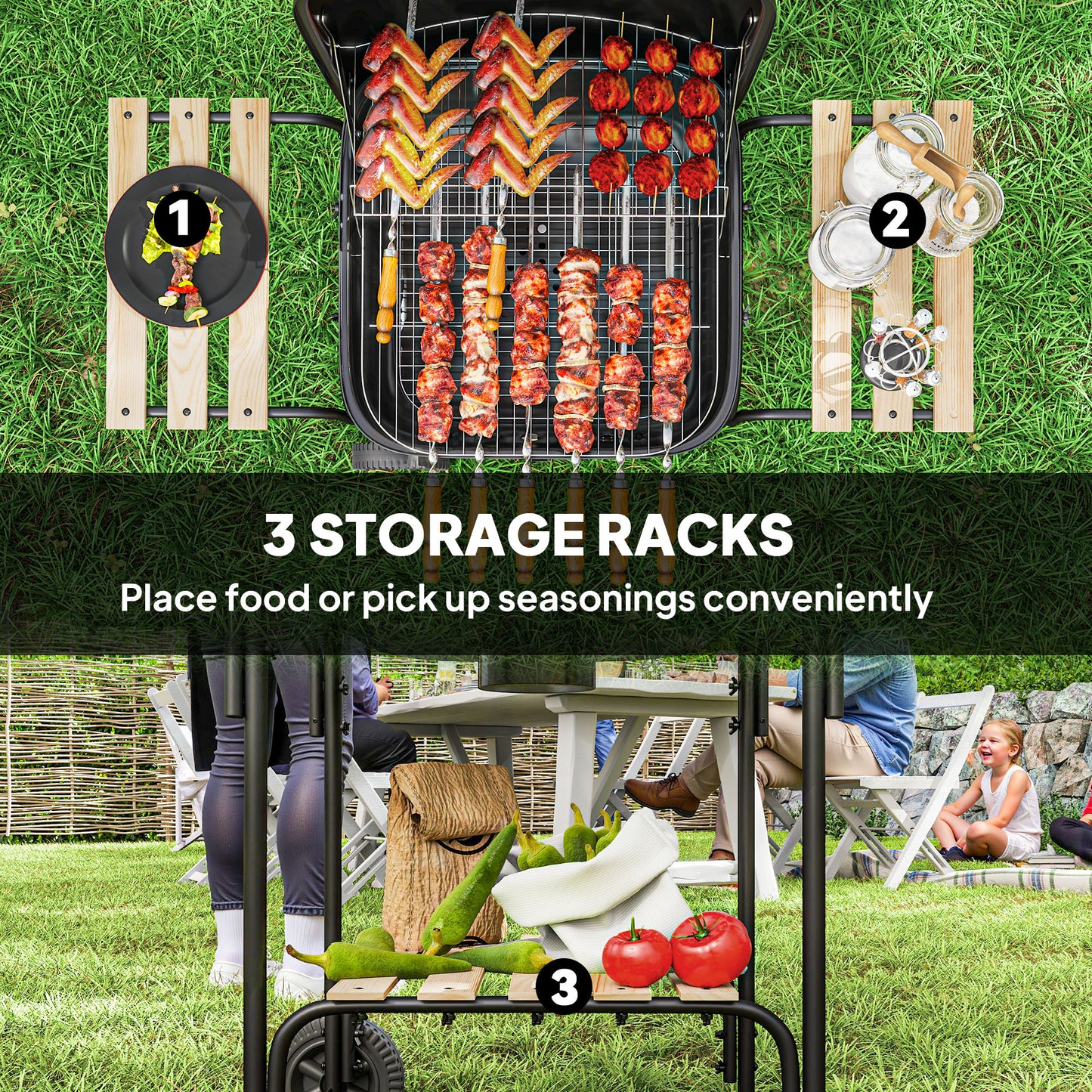 Charcoal Barbecue Grill Portable BBQ Grill with 1840 cm² Cooking Area, 3 Shelves, Adjustable Vent, Lockable Lid