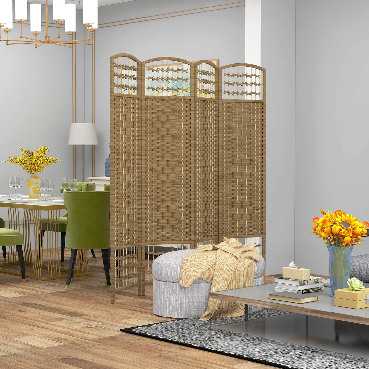 4 Panel Folding Room Divider, Privacy Screen, Paravent Partition Separator for Living Room, Bedroom, Natural