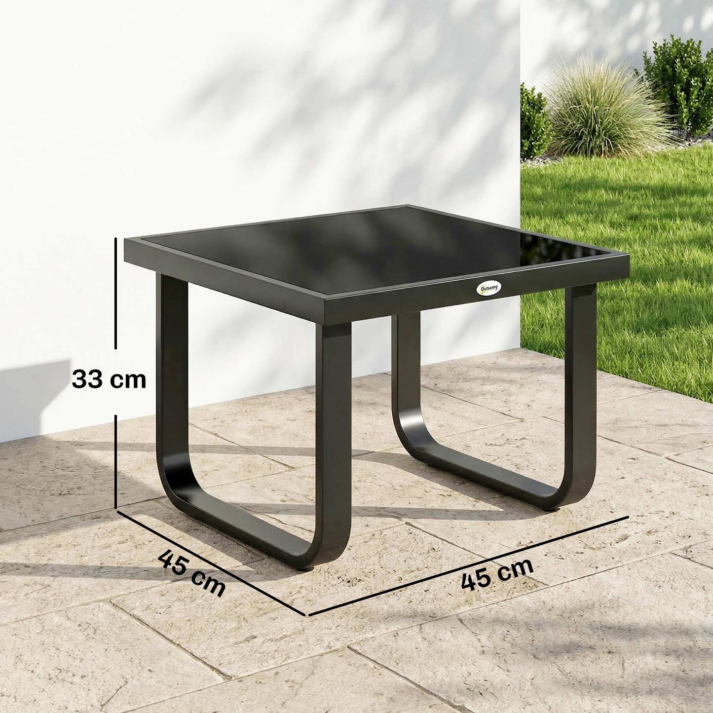 Outdoor Garden Coffee Table, Rectangle Metal Side Table with Tempered Glass Tabletop, Adjustable Foot Pads