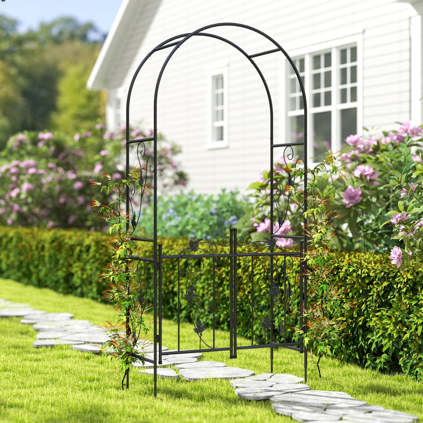 2.17m Steel Garden Arch with Gate, Wedding Arch for Outdoor, Garden, 107W x 45D x 217H cm Black