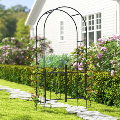 2.17m Steel Garden Arch with Gate, Wedding Arch for Outdoor, Garden, 107W x 45D x 217H cm Black