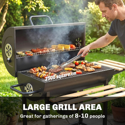 Charcoal Grill, Barrel BBQ Smoker with Warming Rack, Charcoal BBQ Grill with Foldable Shelves, Natural Wood and Black