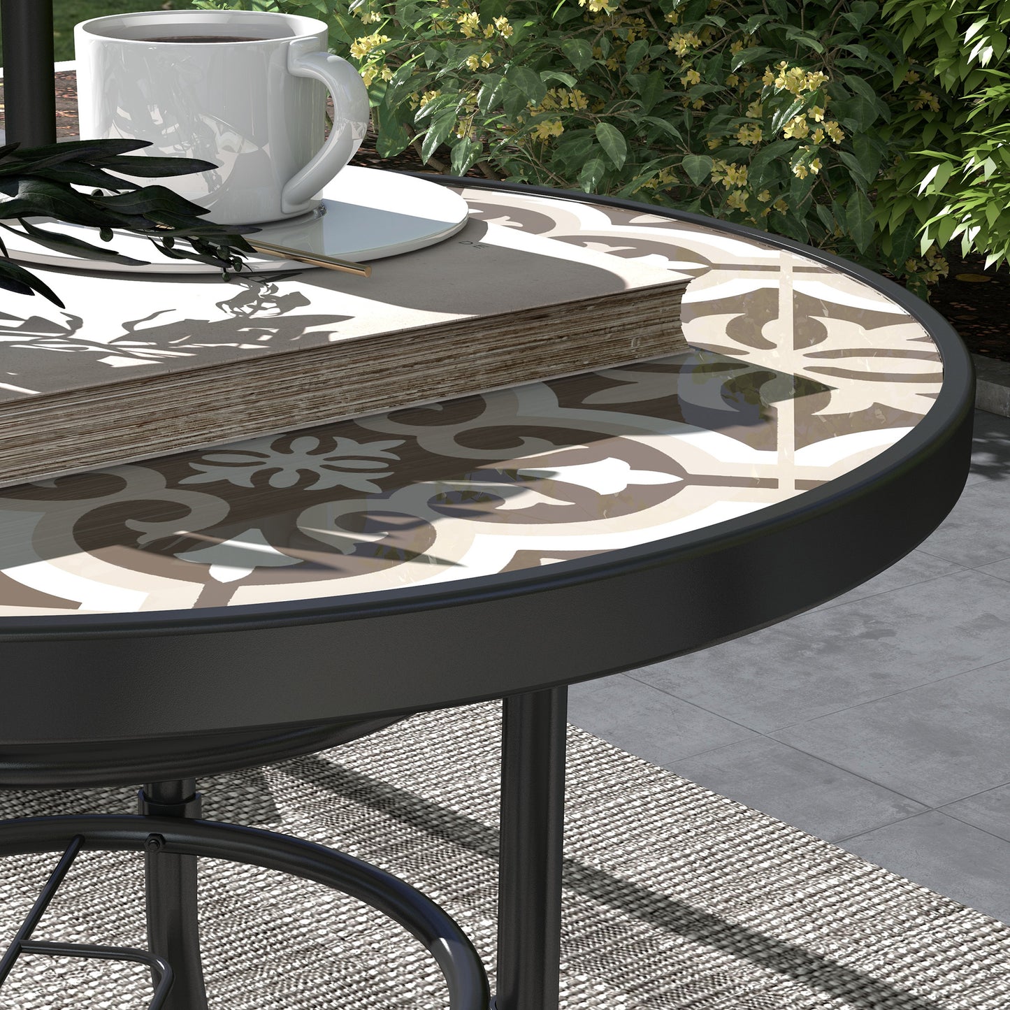 Φ60 Garden Table, with Glass Printed Tabletop - Brown
