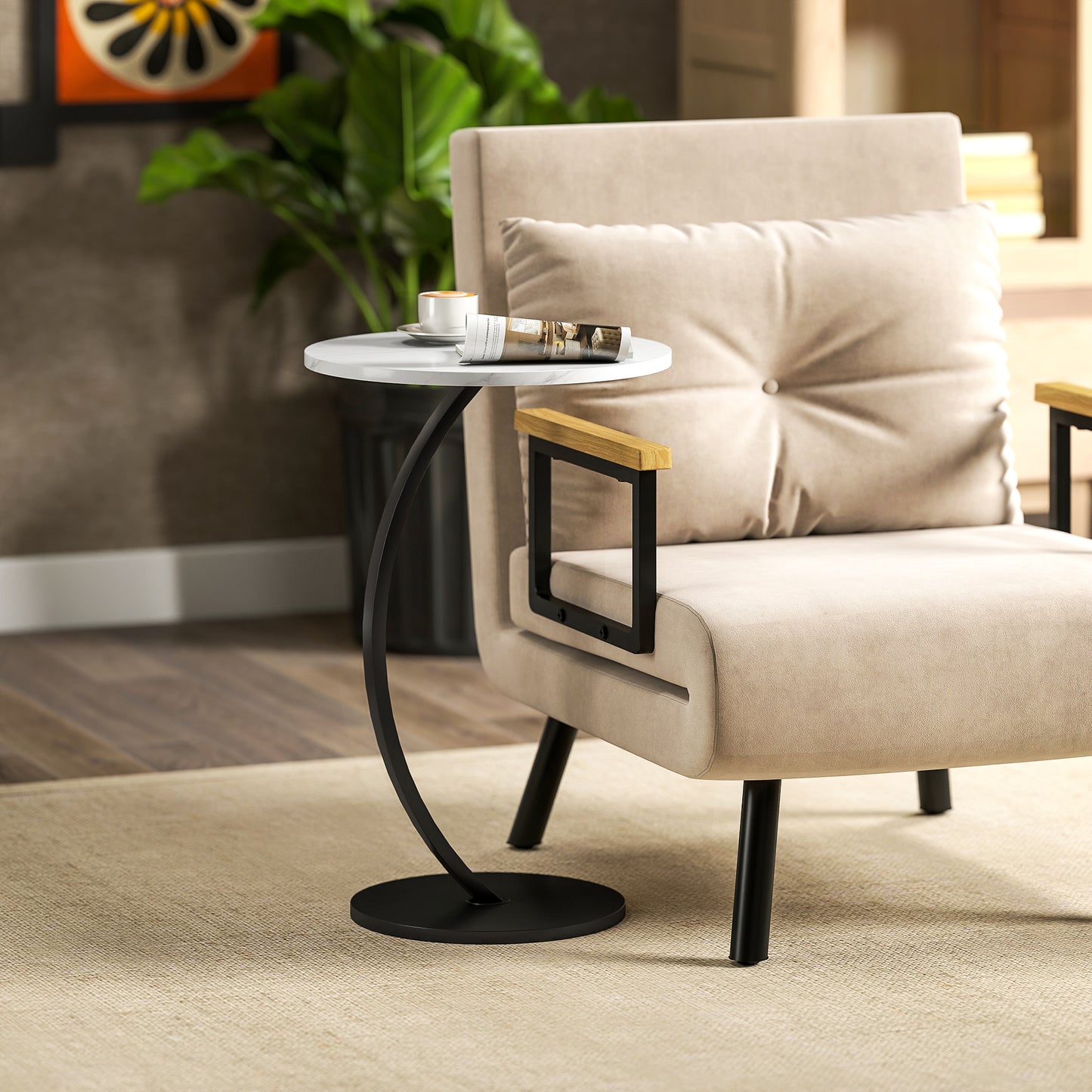 C Shaped Side Table, Round Bedside Table with Marble Effect Top