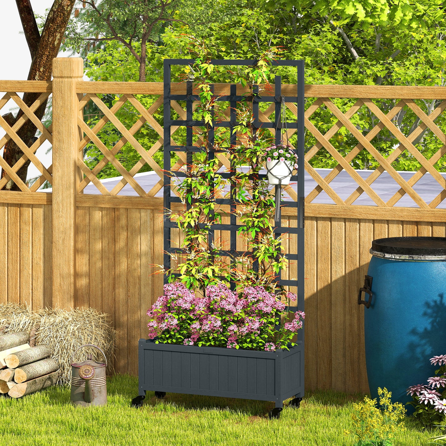 Wooden Trellis Planter, Raised Garden Bed with Wheels, to Climb and Grow Vegetables, Herbs and Flowers, Grey