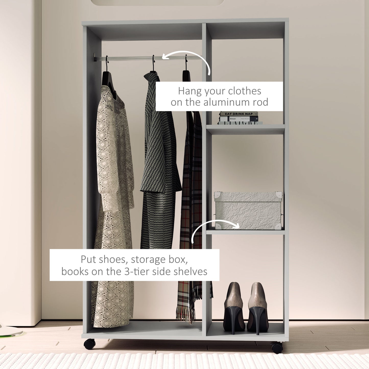 Open Wardrobe on Wheels, Bedroom Wardrobe with Clothes Hanging Rail, 3 Storage Shelves, Mobile Garment Rack for Cloakroom