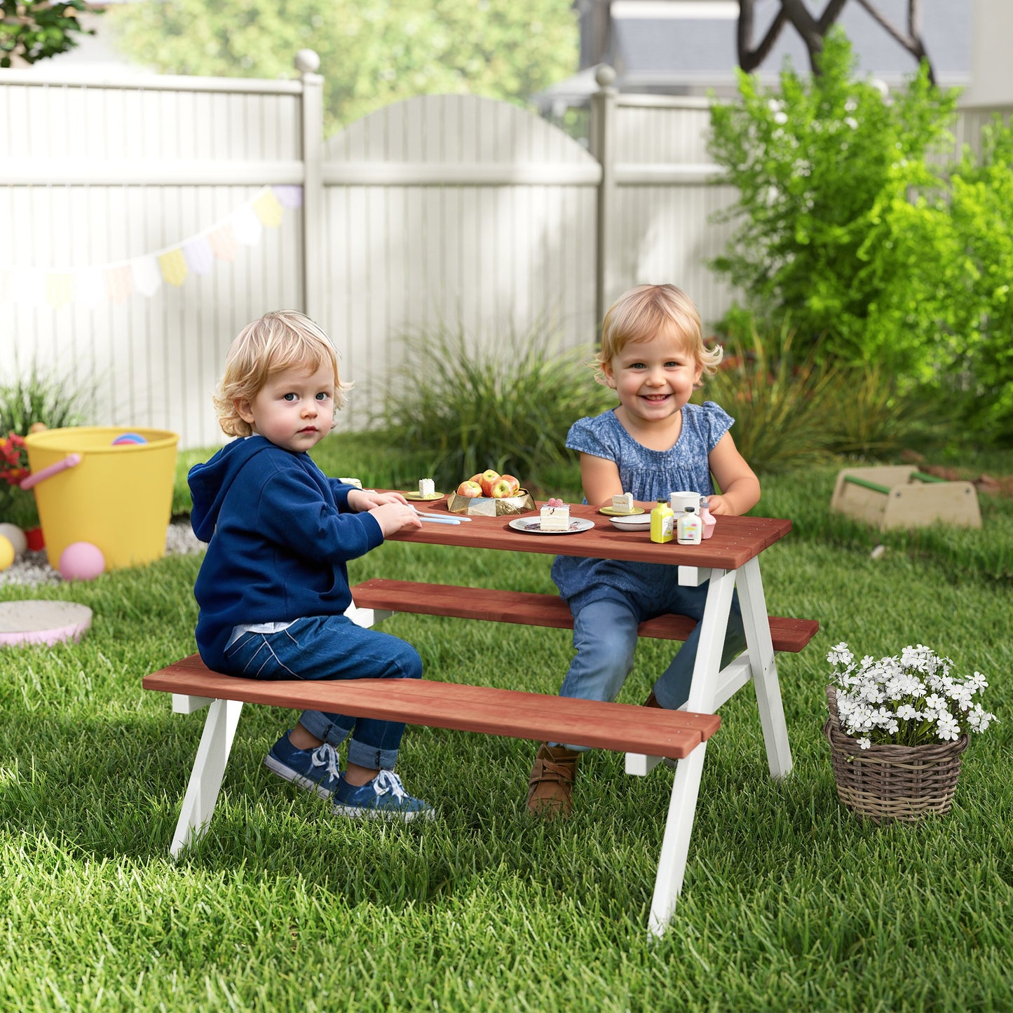 Kids Picnic Table, Wooden Table and Bench Set, Kids Garden Furniture for Patio Aged 3-8 Years Old, Brown