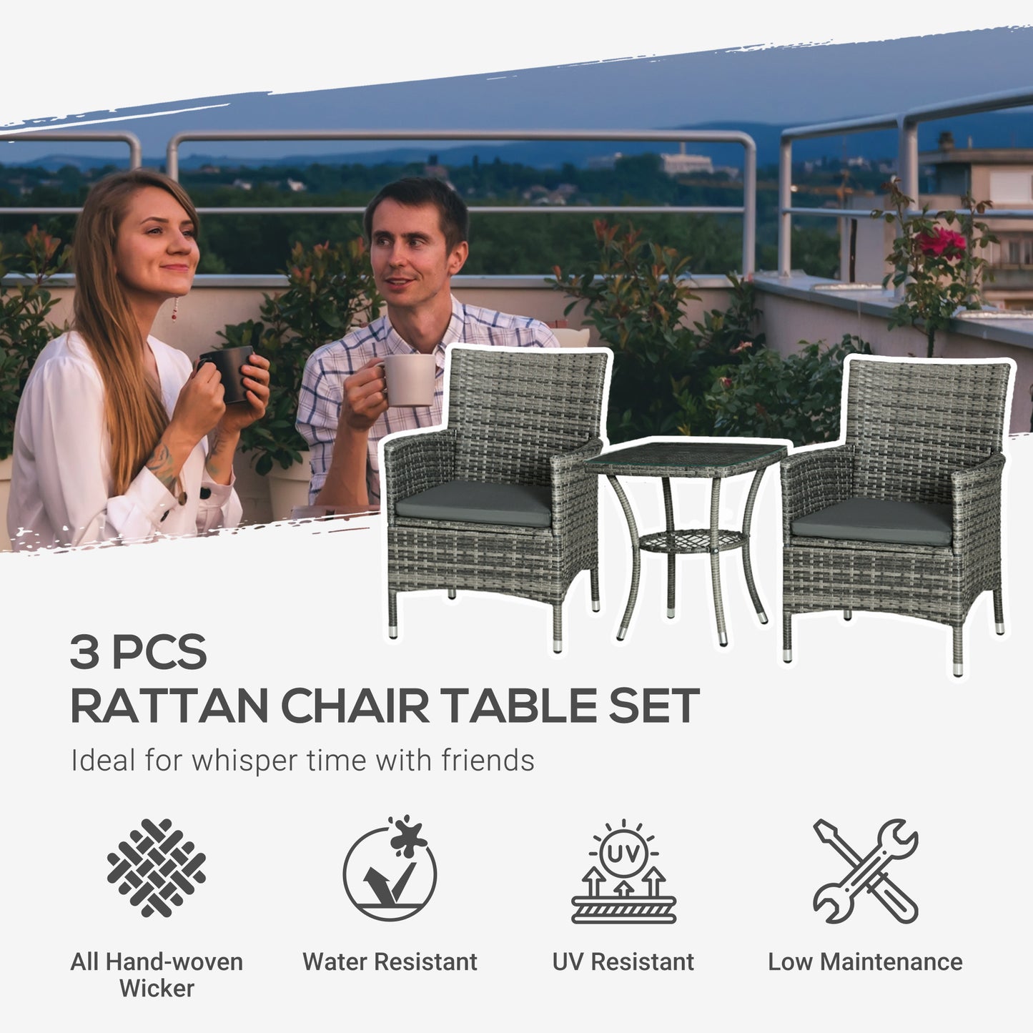 3 Pieces Rattan Bistro Set, Wicker Garden Furniture Set with 2-Tier Coffee Table and Chairs, Washable Cushions