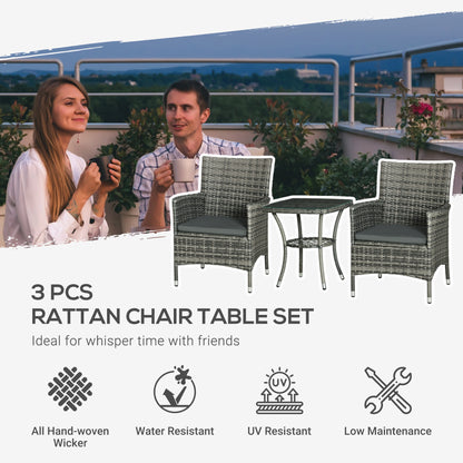 3 Pieces Rattan Bistro Set, Wicker Garden Furniture Set with 2-Tier Coffee Table and Chairs, Washable Cushions