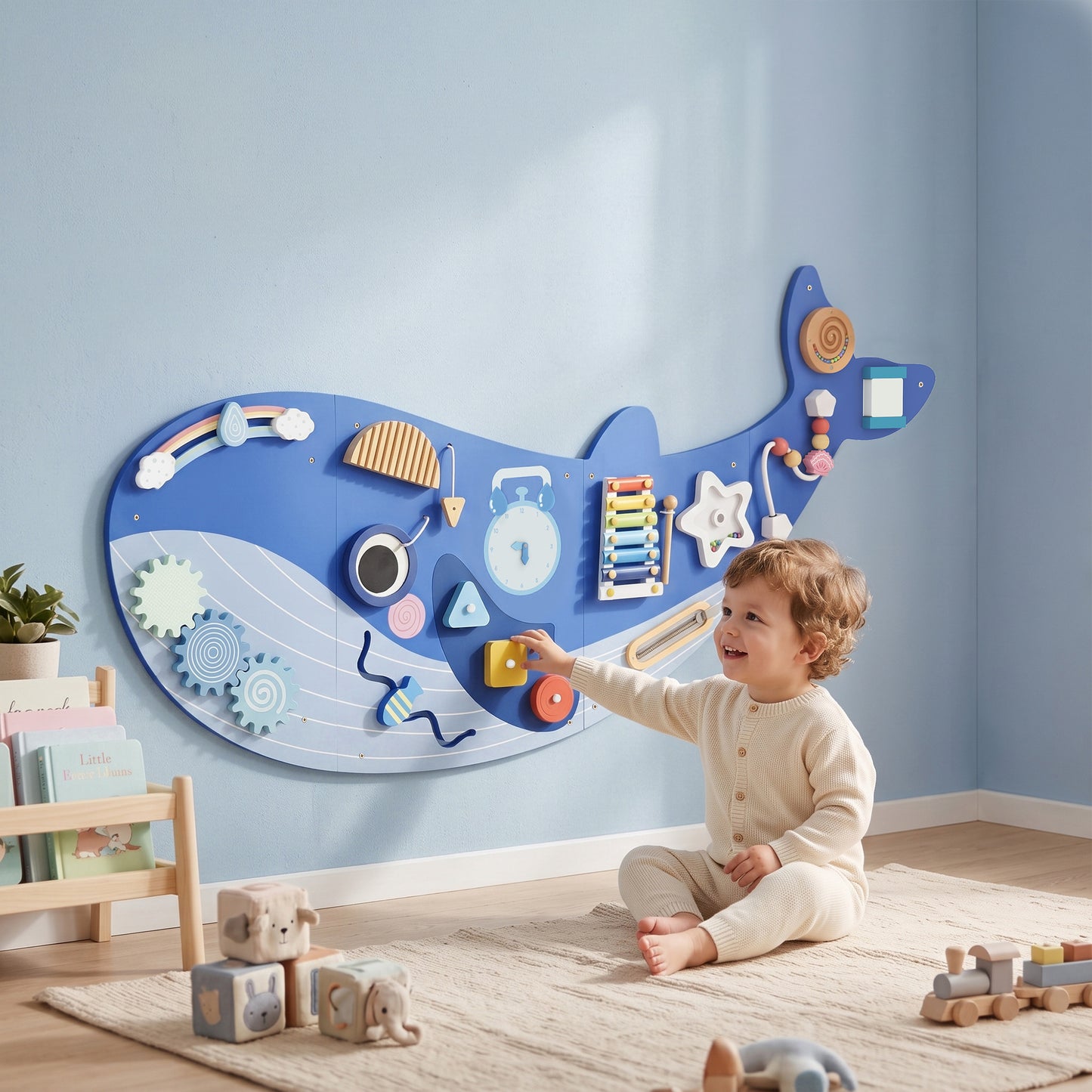 Whale Activity Wall Busy Board, 13 in 1 Montessori Inspired Sensory Wall Panel for Playroom Nursery Boys Girls 2+, Blue