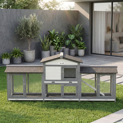 2-Tier Large Rabbit Hutch Outdoor with Double Side Run Boxes, No-leak Plastic Tray, Ramp, 230 x 53 x 93.5cm, Light Grey