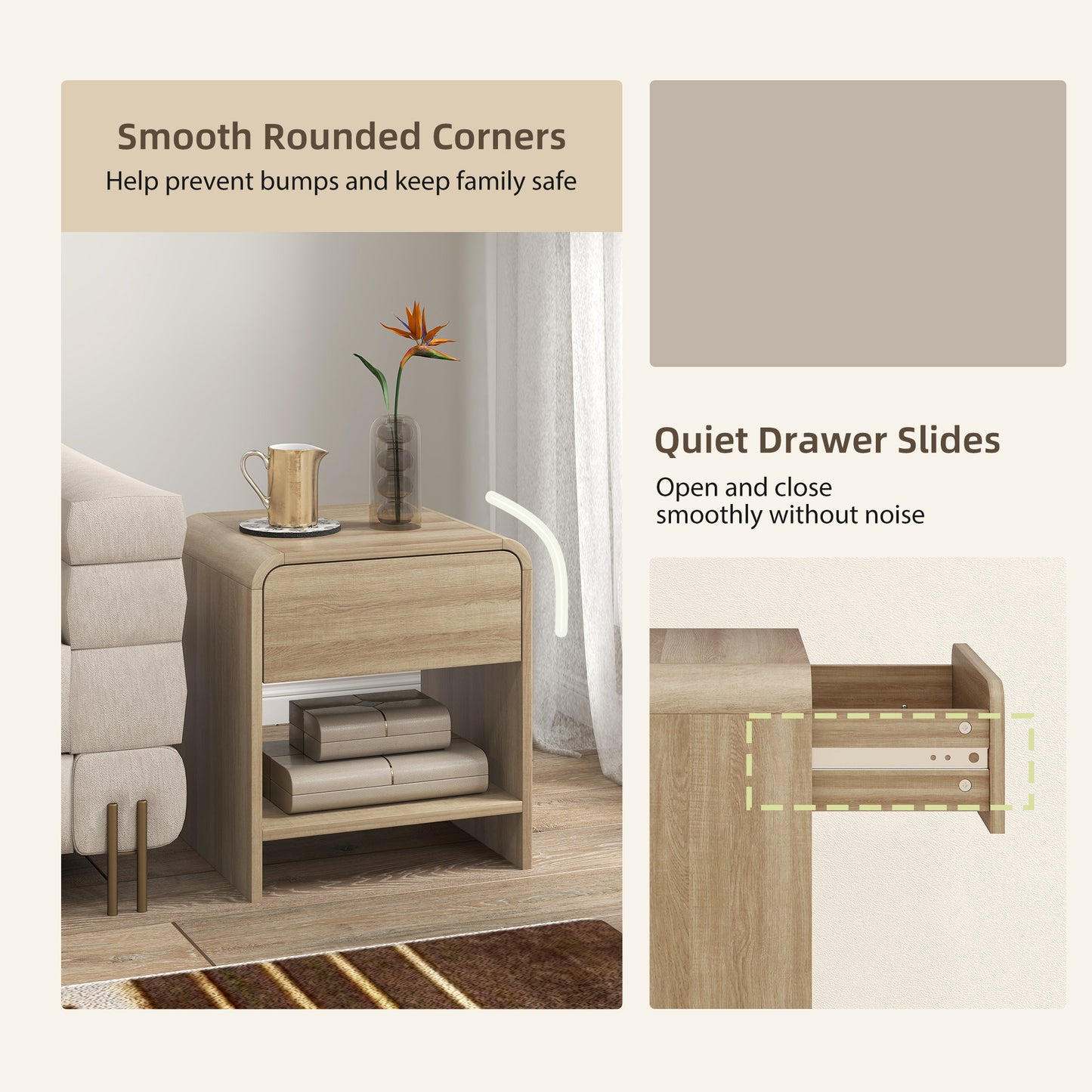 Bedside Tables Set of 2, Nightstands with Rounded Corners, Modern Side Table with Silent Drawer for Bedroom, Natural