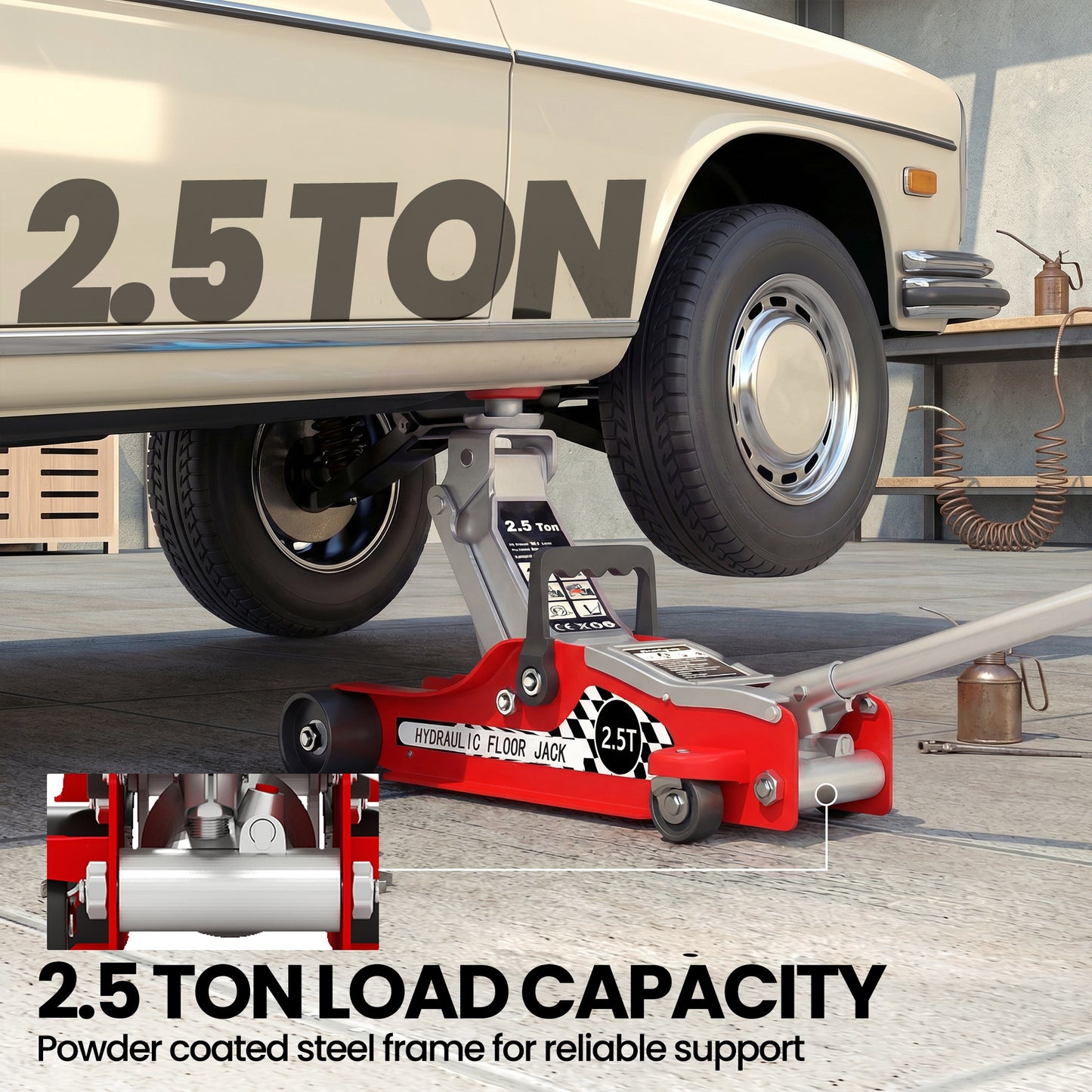Hydraulic Low Profile Floor Jack, 2.5 Tonne Heavy Duty Steel Trolley Car Jack Lift with 80-360 mm Lifting Range, Wheels