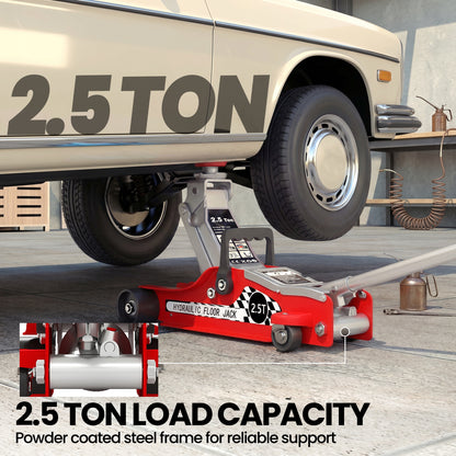 Hydraulic Low Profile Floor Jack, 2.5 Tonne Heavy Duty Steel Trolley Car Jack Lift with 80-360 mm Lifting Range, Wheels