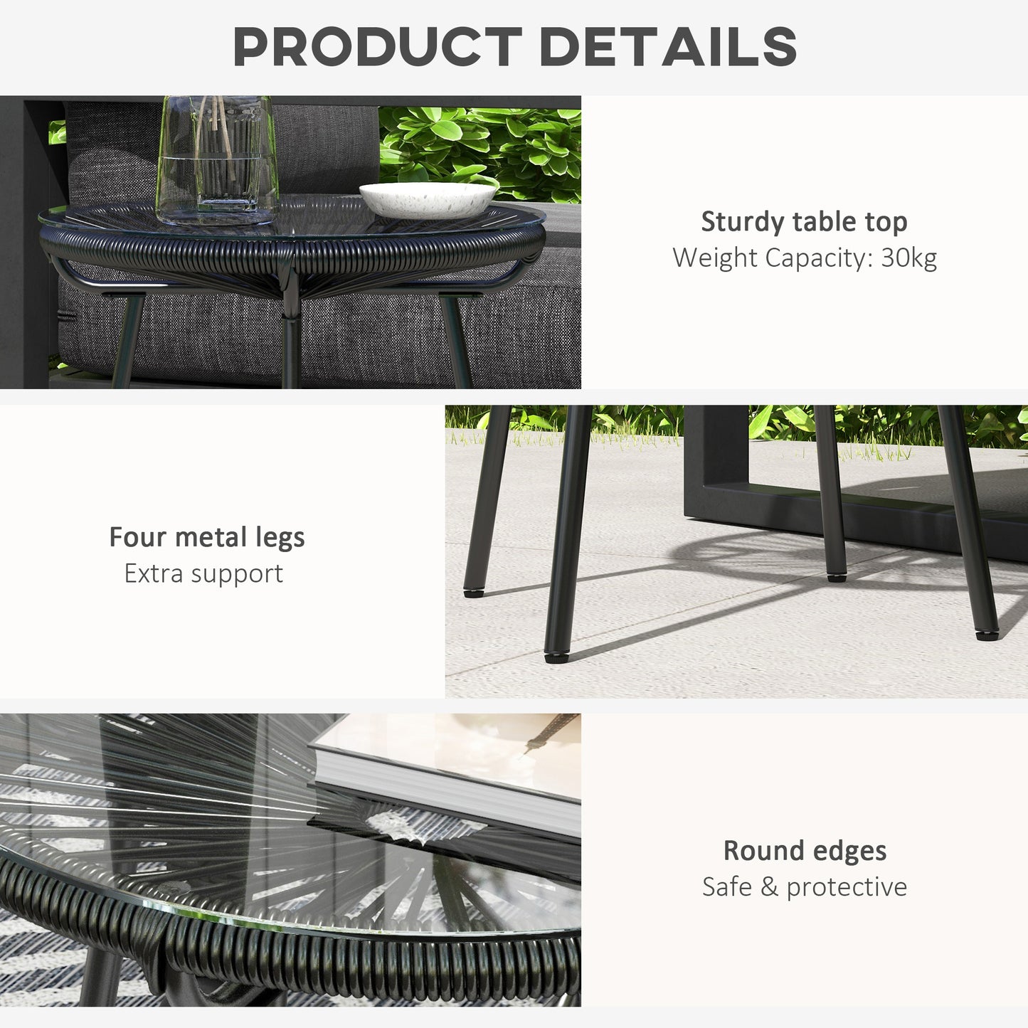 Rattan Side Table, Round Outdoor Coffee Table, with Round PE Rattan and Tempered Glass Tabletop for Patio, Garden, Balcony