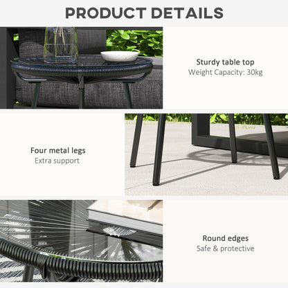 Rattan Side Table, Round Outdoor Coffee Table, with Round PE Rattan and Tempered Glass Tabletop for Patio, Garden, Balcony